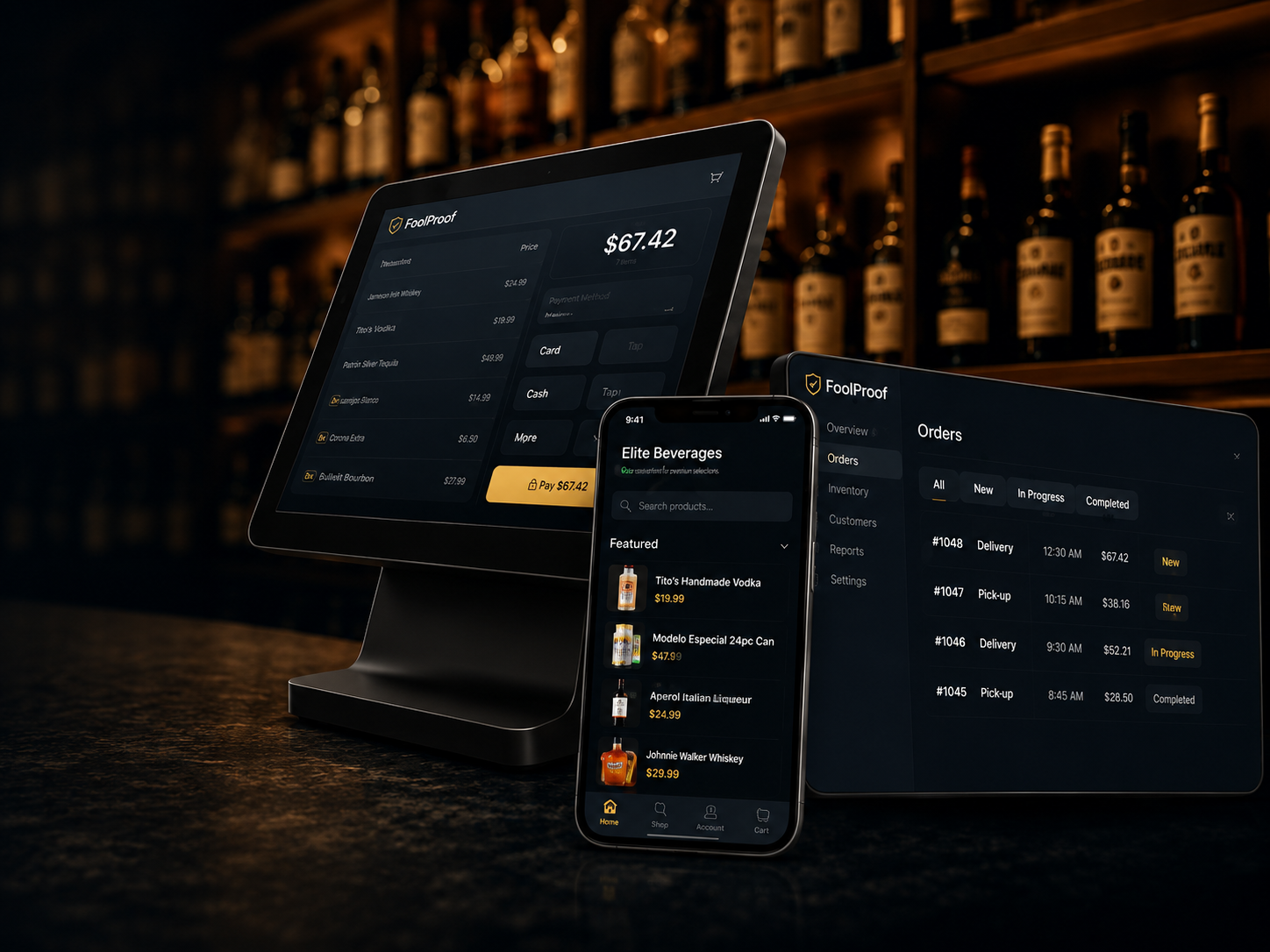FoolProof running on a POS terminal, phone, and orders monitor