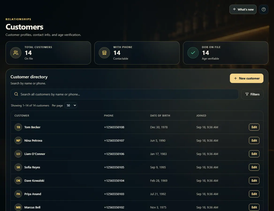 The Customers page with the search box, Filters, New customer, and the customer list.