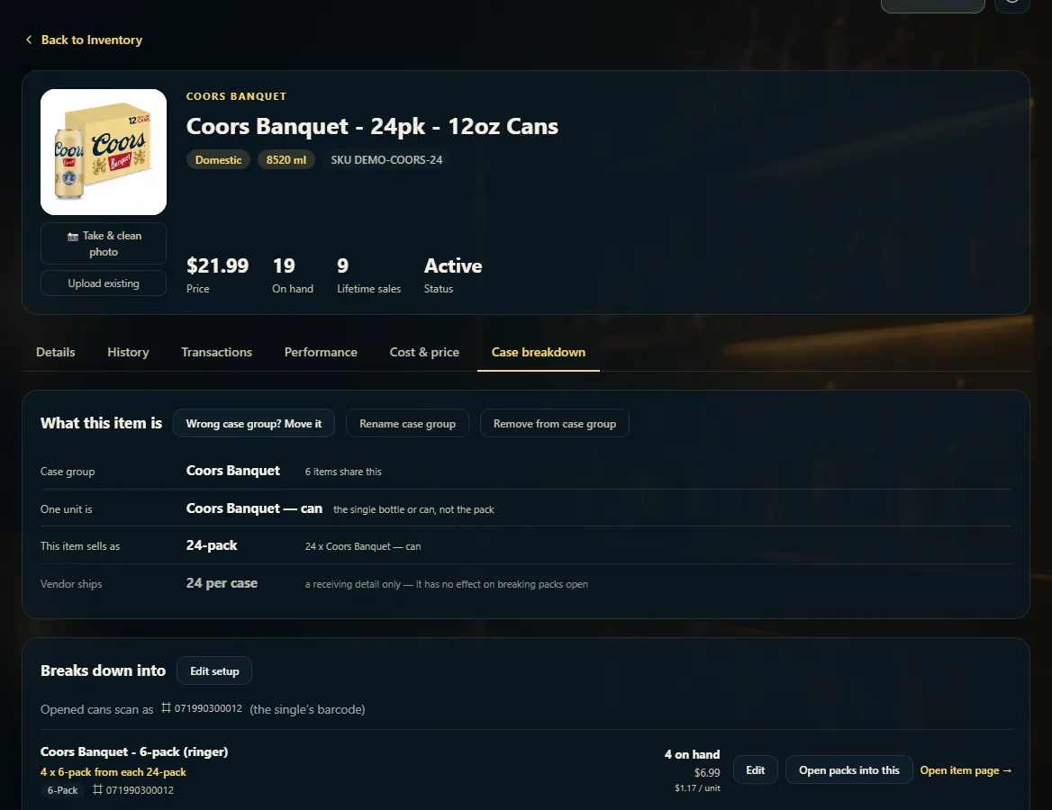 A 24-pack's Case breakdown tab listing the ringer 6-pack and single it breaks down into.