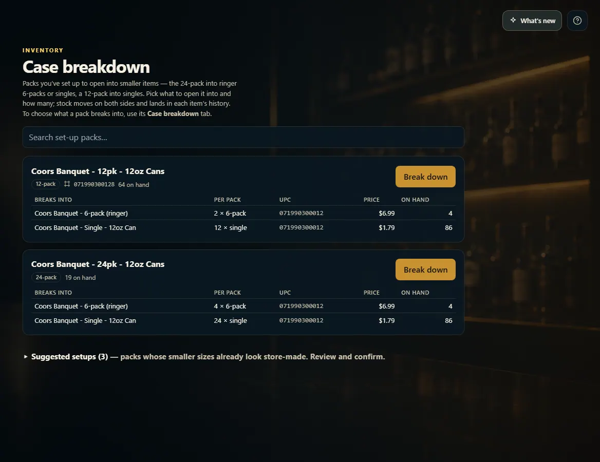 The Case breakdown page listing set-up packs and the items each breaks into.