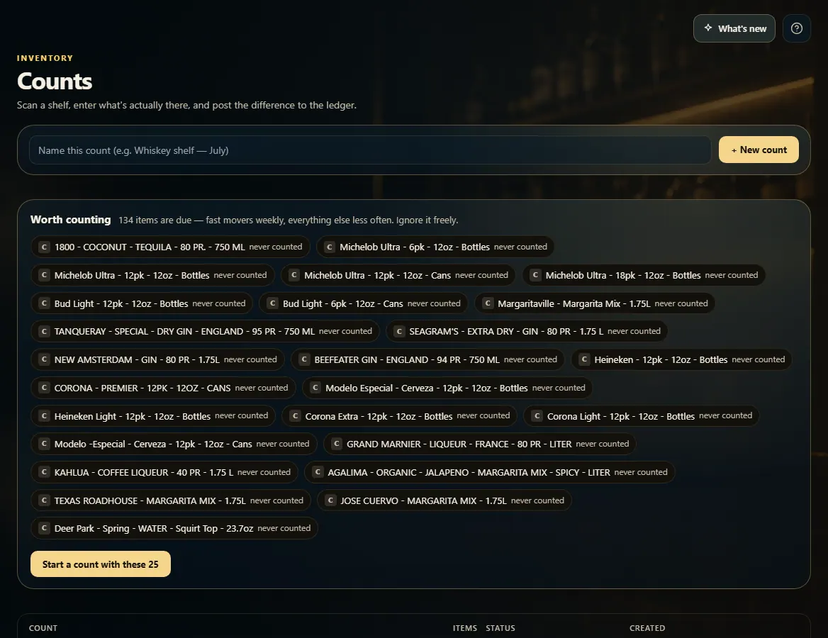 The Counts page: a name box with + New count, and the Worth counting list.