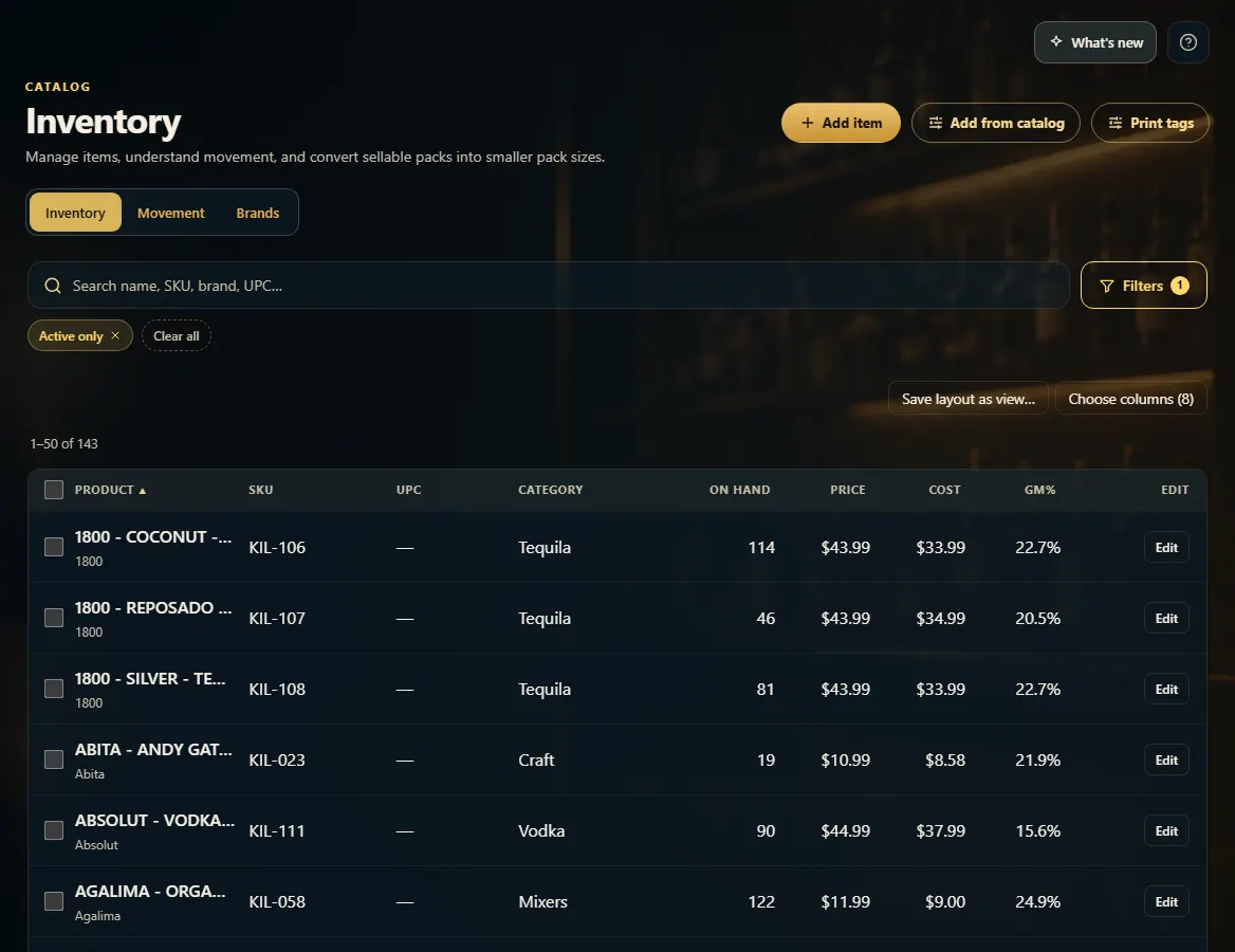 The Inventory page: Add item, Add from catalog and Print tags buttons, the search box, and the product table.
