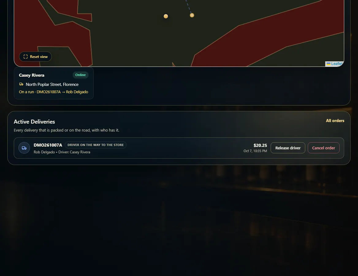 The Active Deliveries list with each order's status, driver, total, and action buttons.