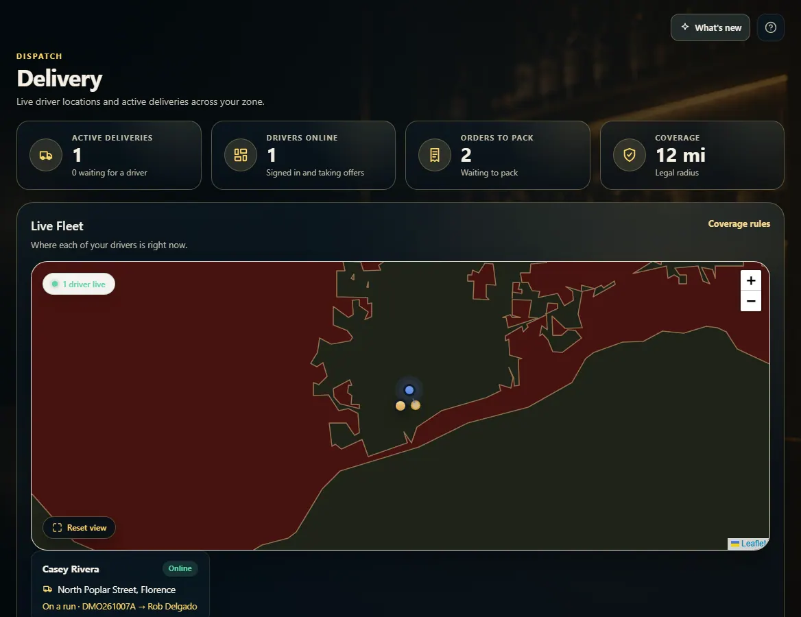 The Delivery page with dispatch tiles and the Live Fleet map.