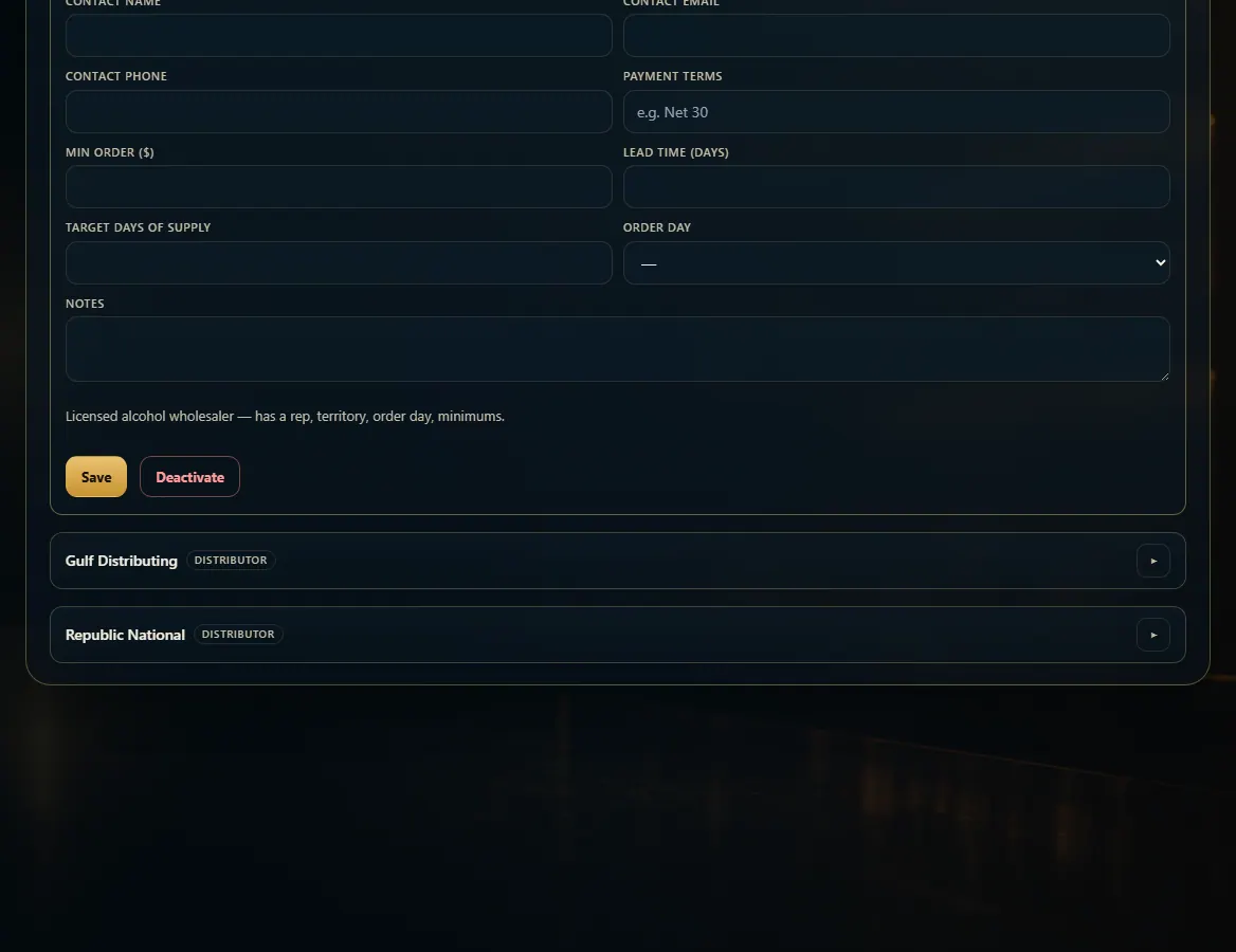 An open vendor with contact, terms and ordering fields, and the Save and Deactivate buttons.