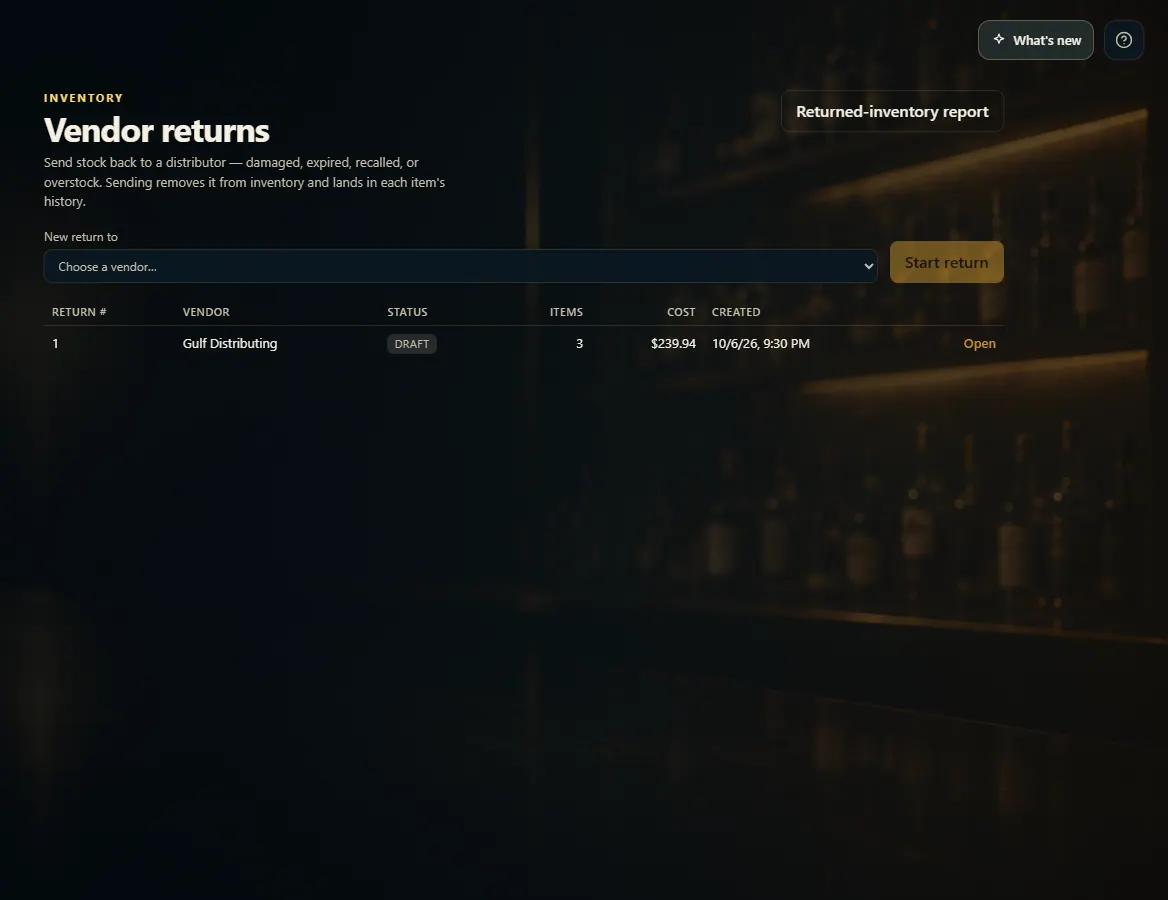 The Vendor returns page with the New return to picker, Start return, and the report button.