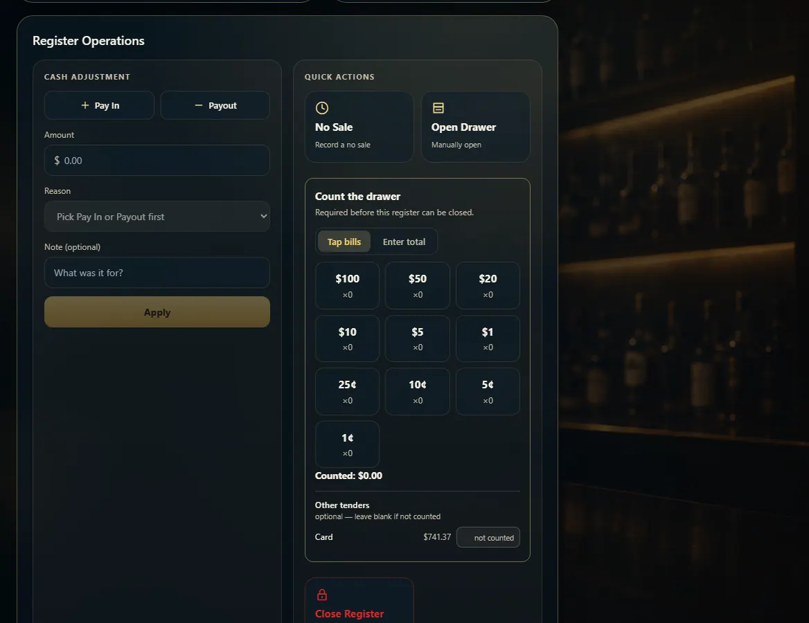 The Cash adjustment block with Pay In, Payout, Amount, Reason and Apply.