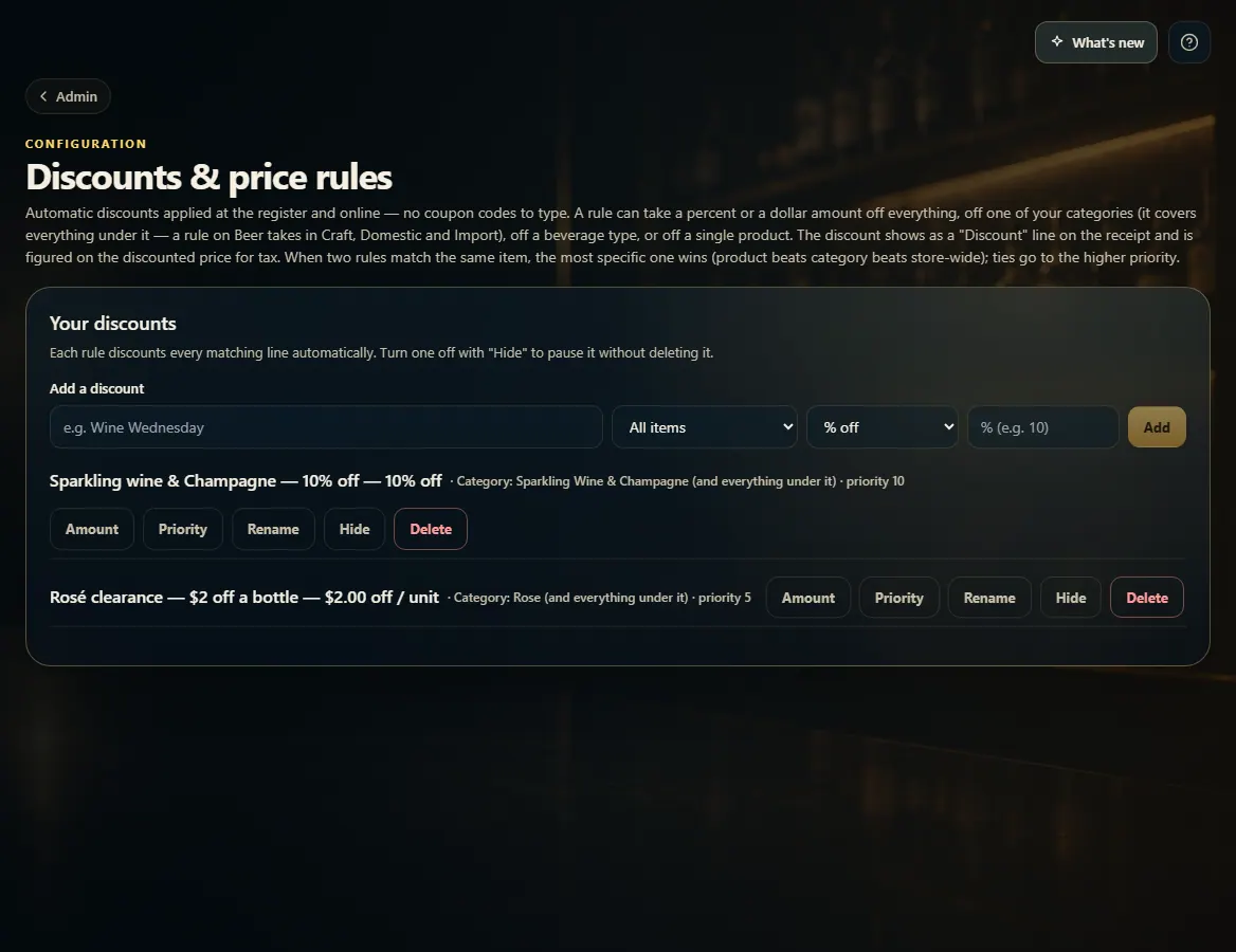 Admin → Discounts & price rules with the name, scope, kind and amount fields and the Add button.