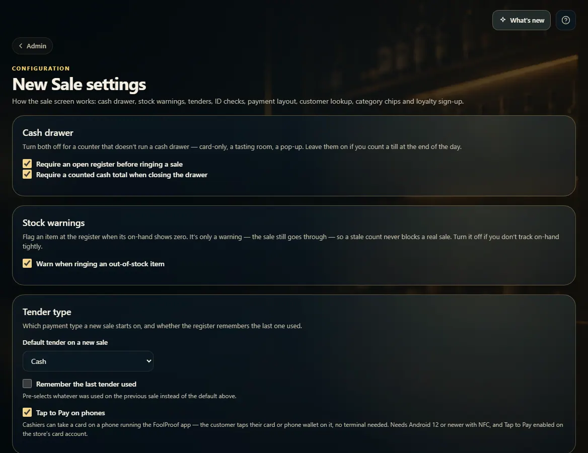 Admin → New Sale settings with the Cash drawer and Tender type cards.