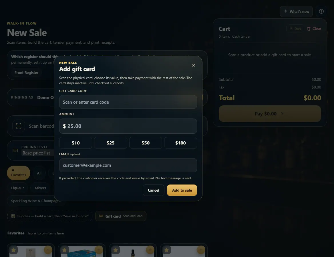 The Add gift card box with the code, amount presets and Add to sale.