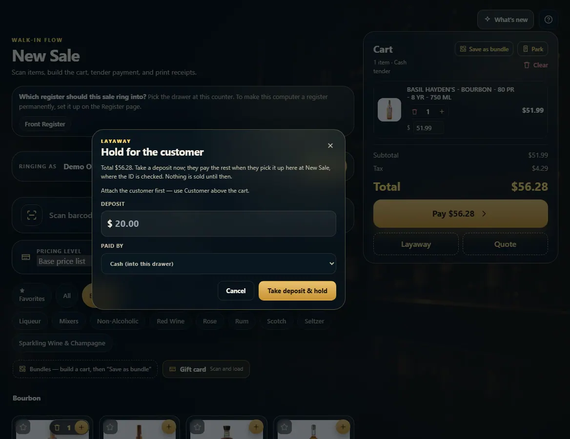 The Layaway box with the deposit amount, how it was paid, and Take deposit & hold.
