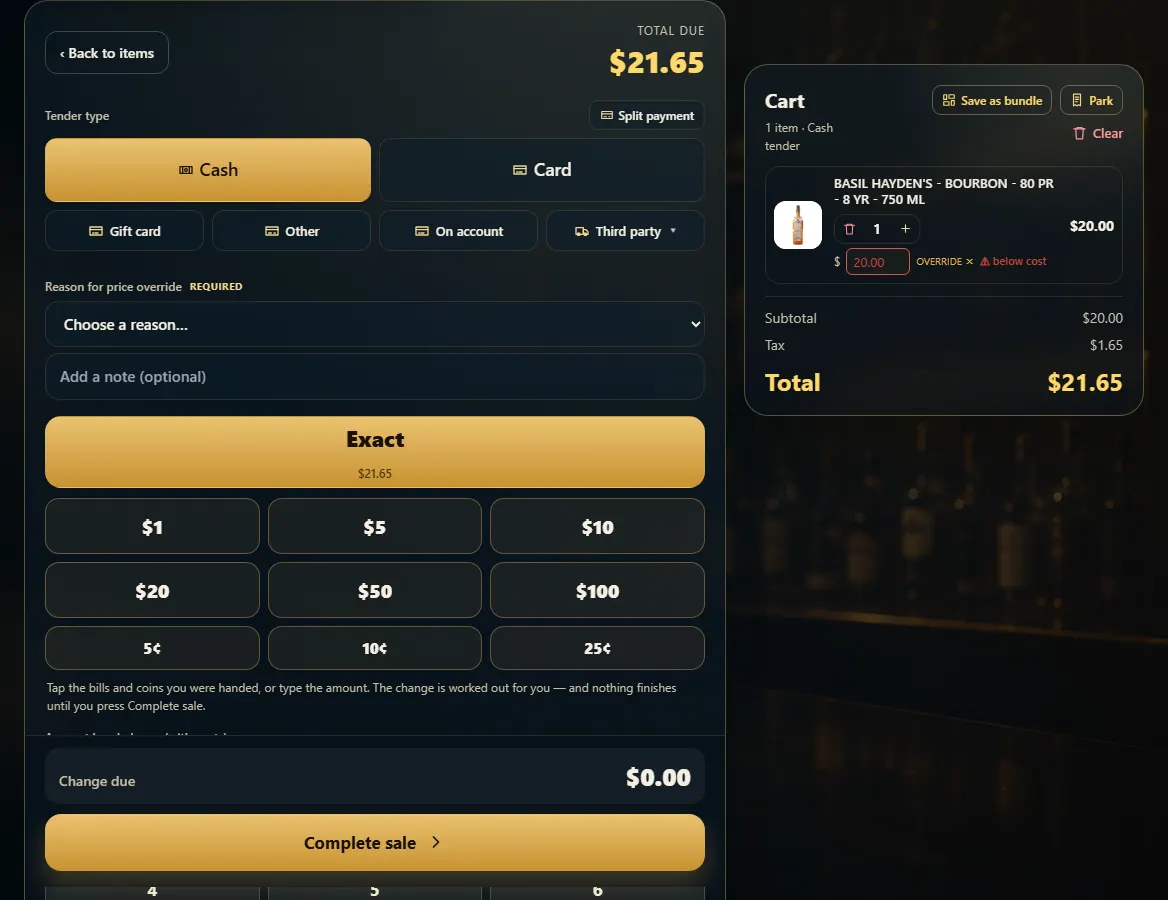 The payment panel asking for a reason for the price override.