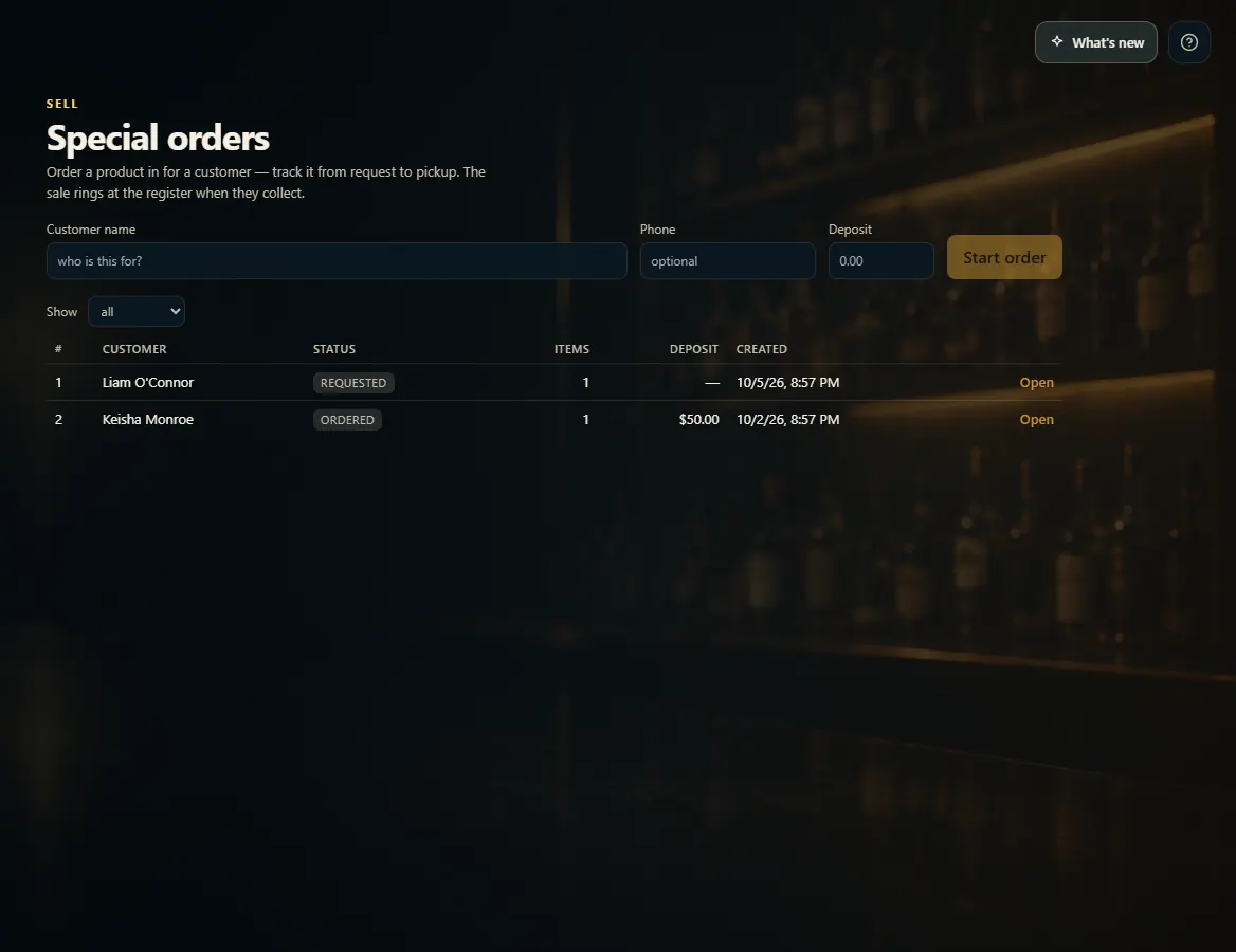 Special Orders with the customer name, phone and deposit fields and Start order.