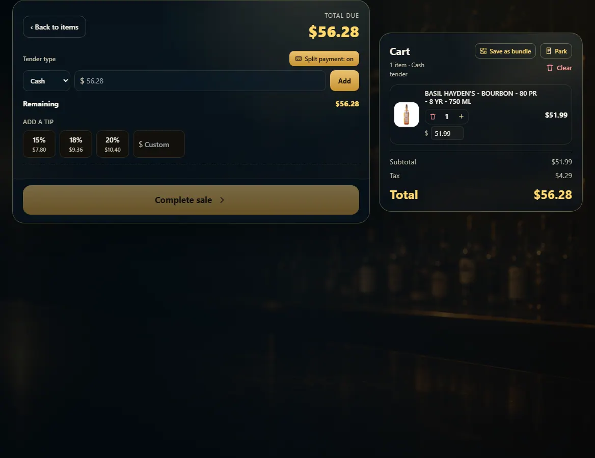 The split payment builder with a type, amount, Add button and Remaining.