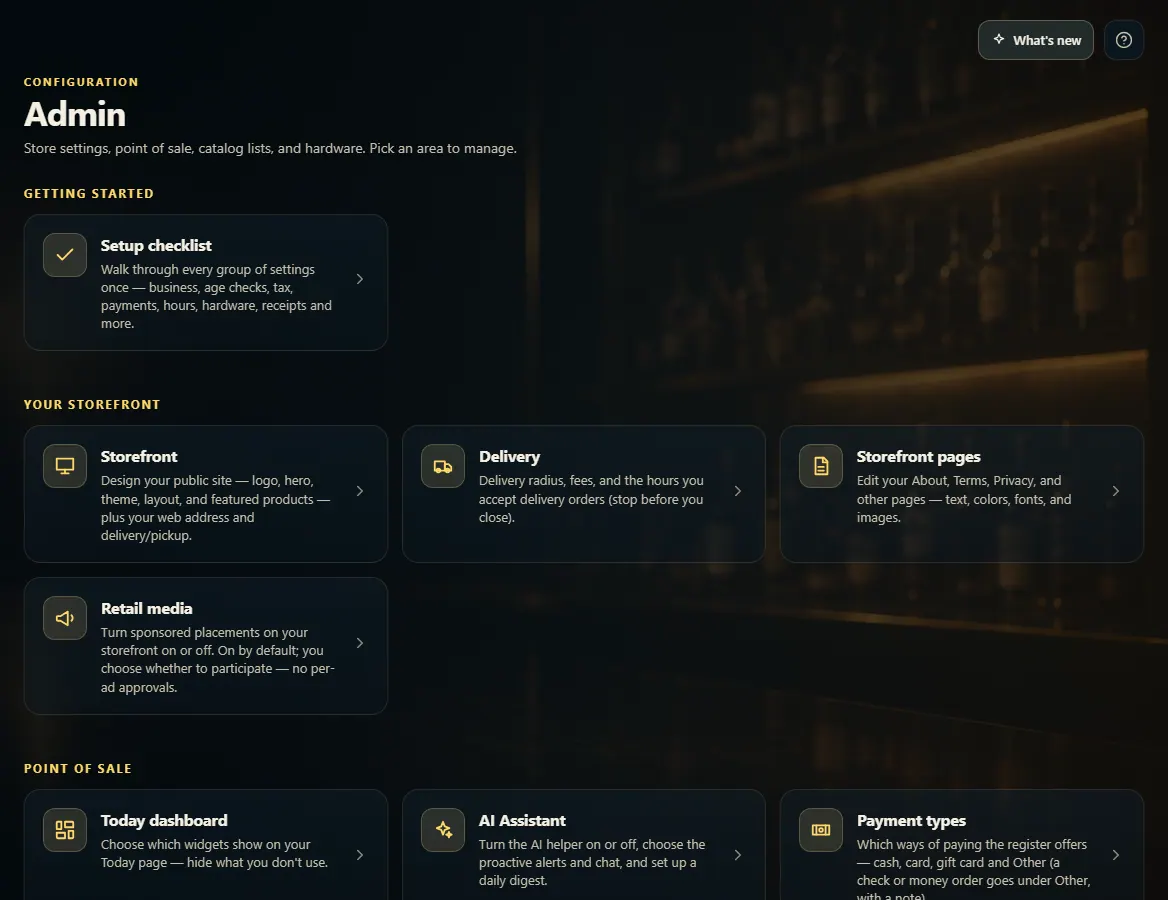 The Admin page with the Getting started, Your storefront and Point of sale groups of tiles.