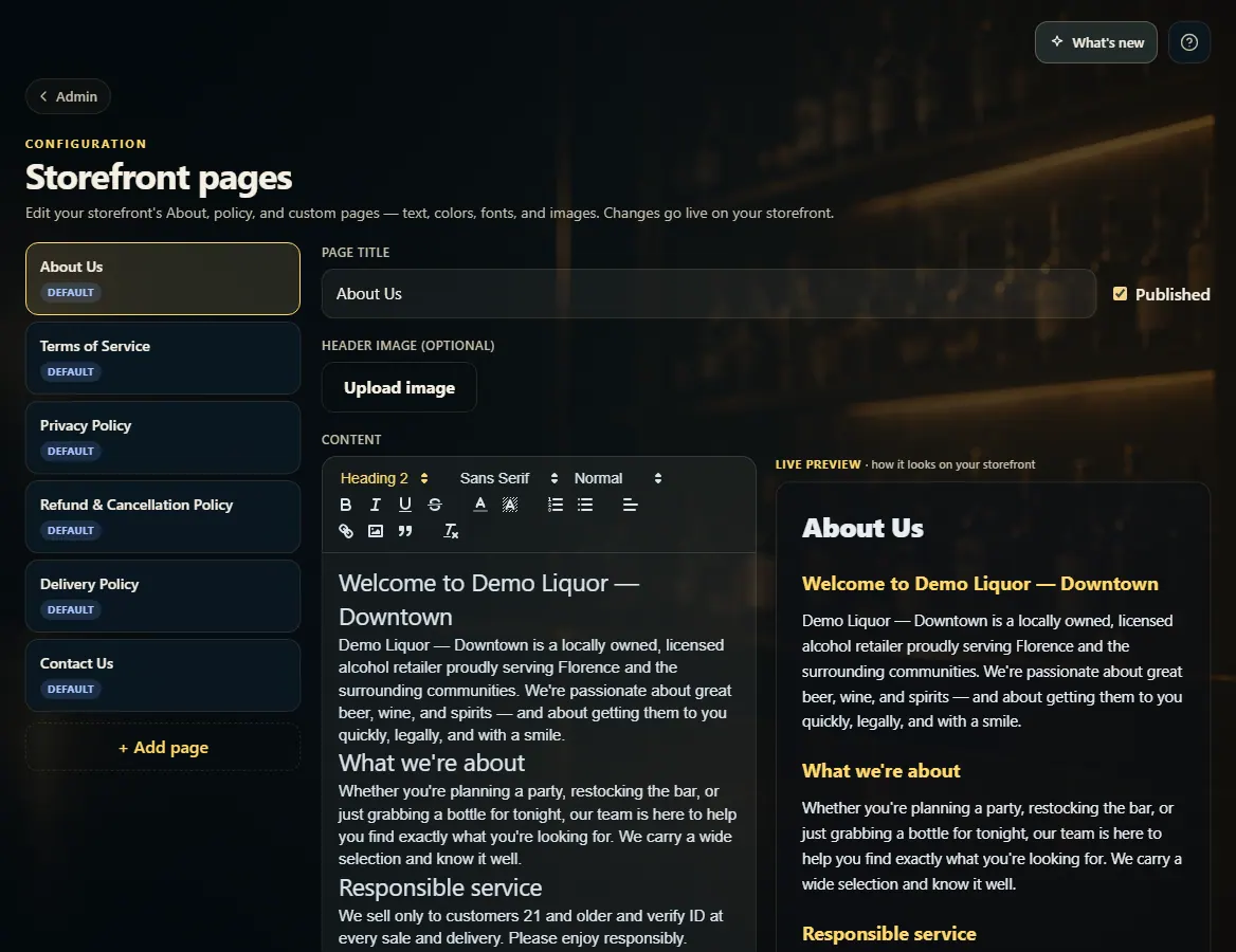Storefront pages with the list of pages on the left and the editor and preview.