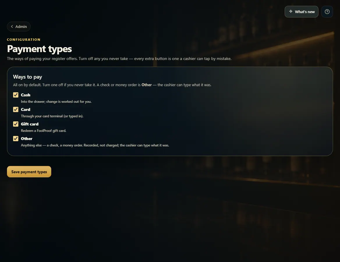Payment types with Cash, Card, Gift card and Other checked.