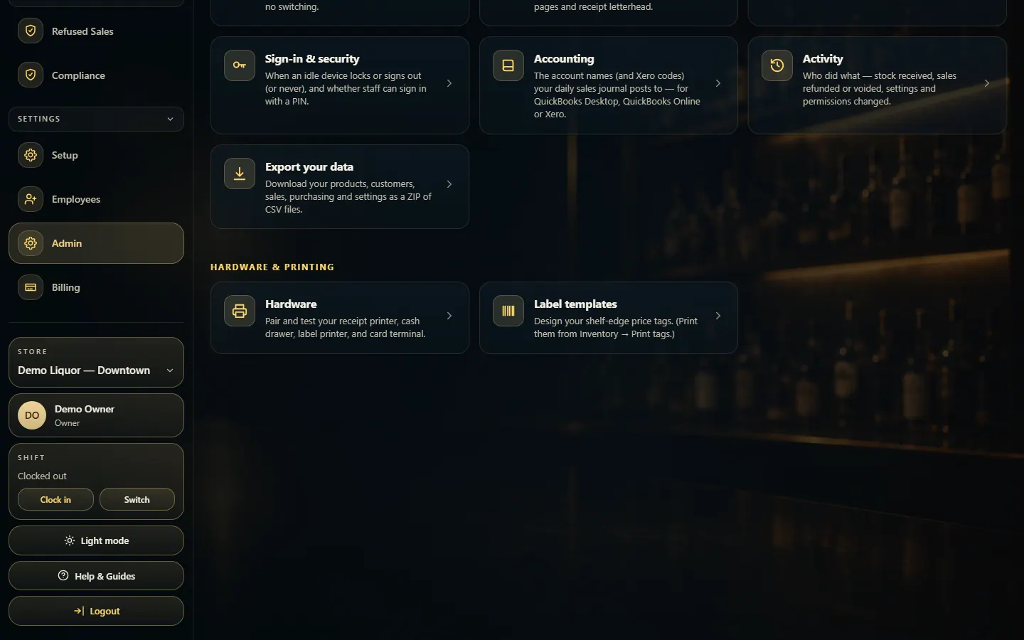 The bottom of the menu: the Store picker, your name, Light mode and Help & Guides.
