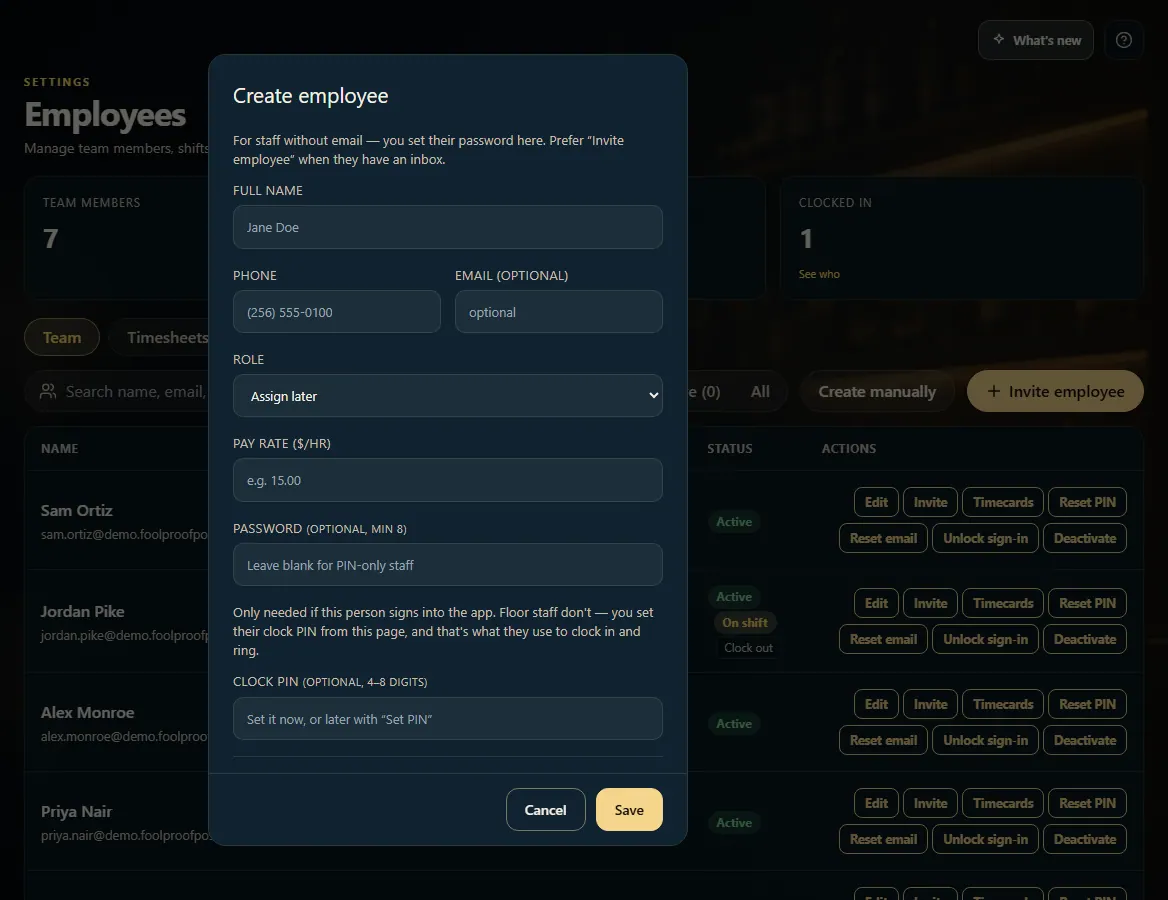 The Create employee window: name, phone, role, password, and clock PIN fields.