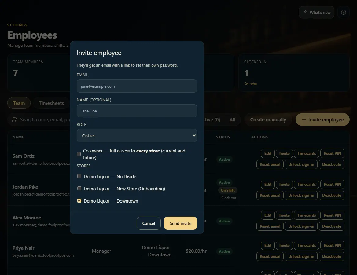 The Invite employee window: email, name, role, co-owner switch, stores, and Send invite.