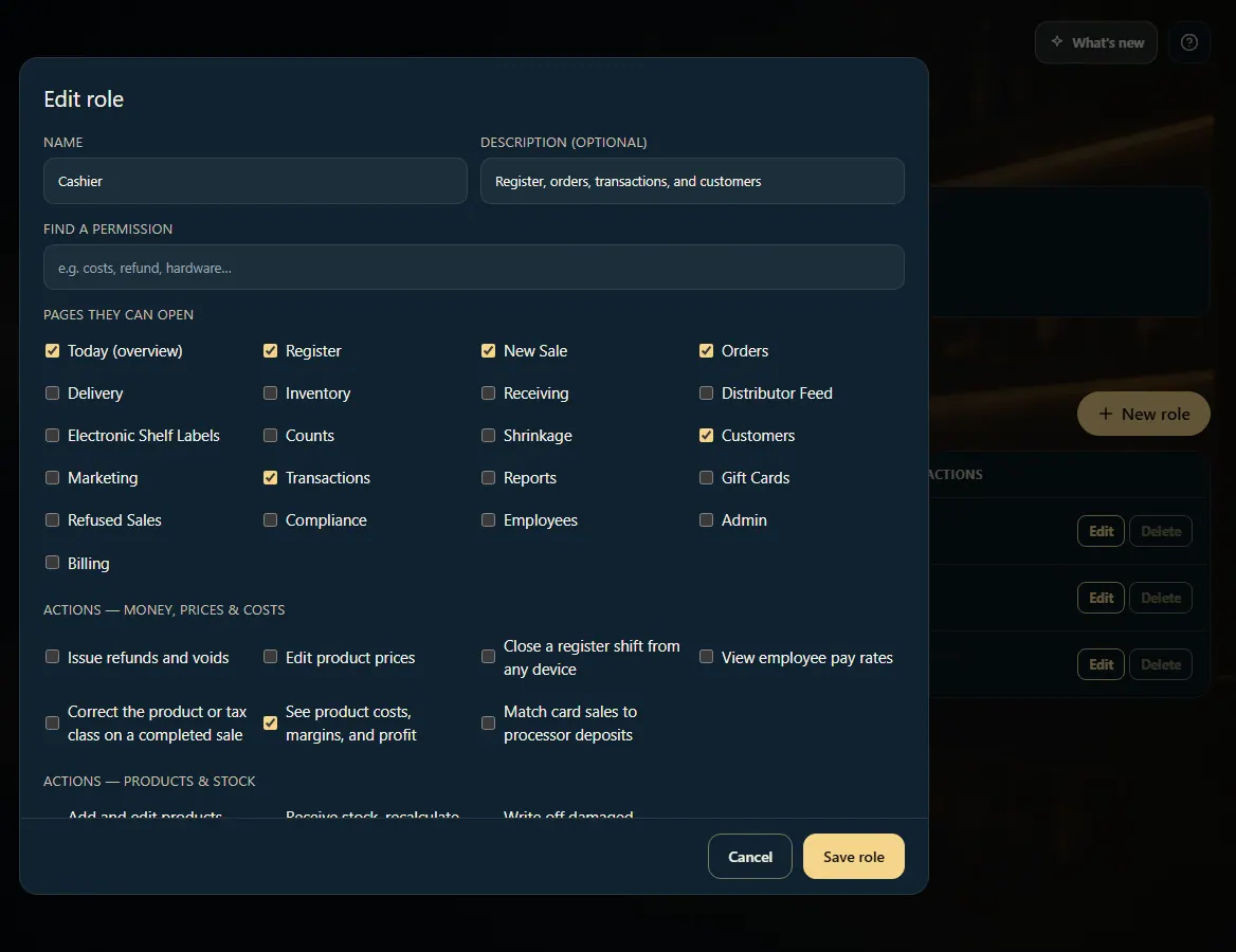 The Edit role window: name, a permission search box, page checkboxes, and Save role.