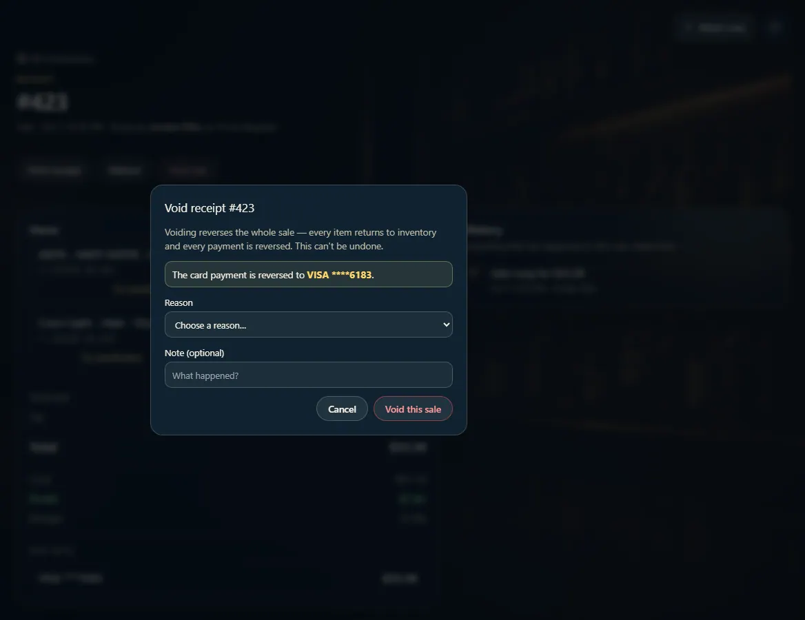 The Void dialog with the card it reverses to, a reason, and a Void this sale button.